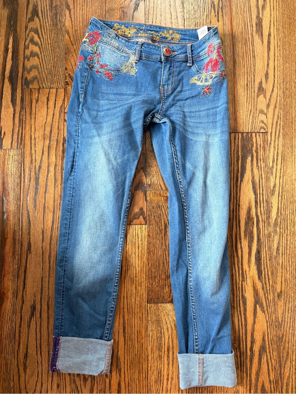 Desigual Embroidered Blue Straight-Leg Jeans with Cuffed Hem